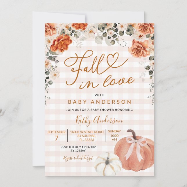 Fall In Love Orange Gingham Pumpkin Baby Shower Invitation (Front)