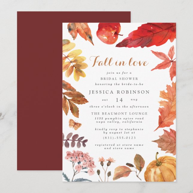 Fall In Love Orange Leaves & Pumpkin Bridal Shower Invitation (Front/Back)