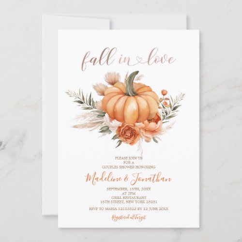 Fall In Love Orange Pumpkin Autumn Couple Shower Invitation