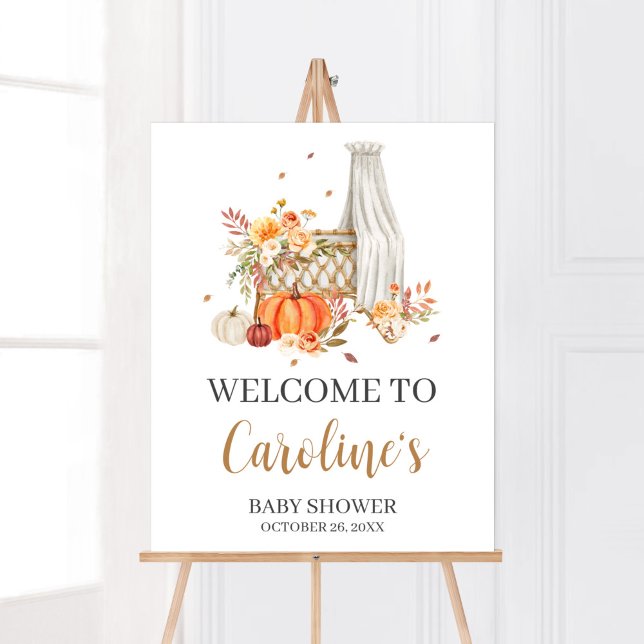 Fall In Love Orange Pumpkin Welcome Baby Shower Poster (Fall Floral Pumpkin Baby Shower Welcome Sign)