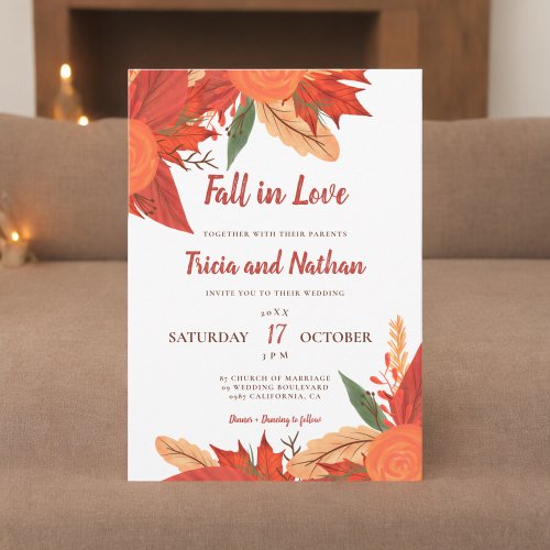 Fall in love orange red floral typography wedding invitation