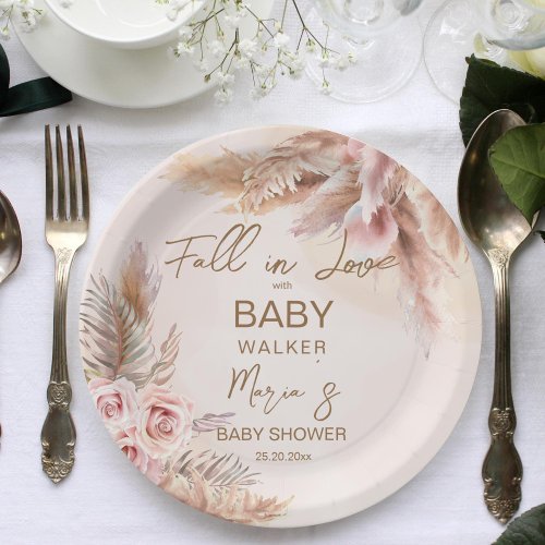 Fall in love pampas grass boho baby shower paper plates