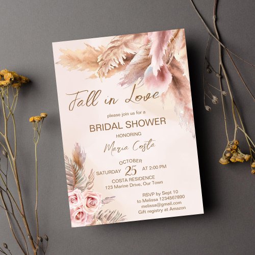 Fall in love pampas grass boho bridal shower invitation