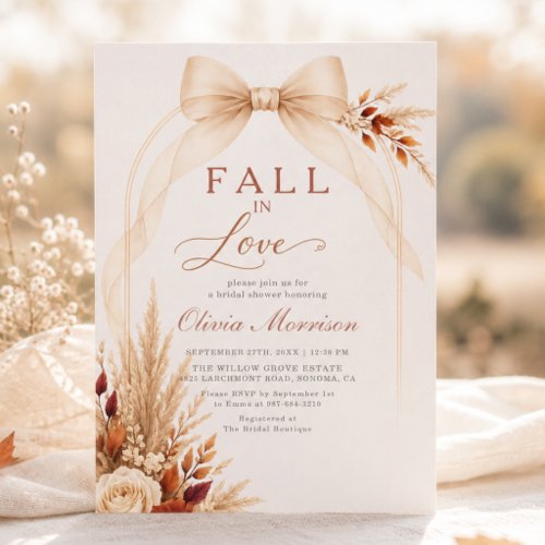 Fall In Love Pampas Grass Bow Bridal Shower Invitation