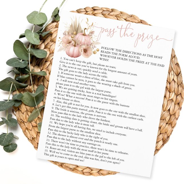 Fall in Love  Pass the Prize Bridal Shower Game Flyer (pass the prize bridal shower game with blush pink boho pumpkin)
