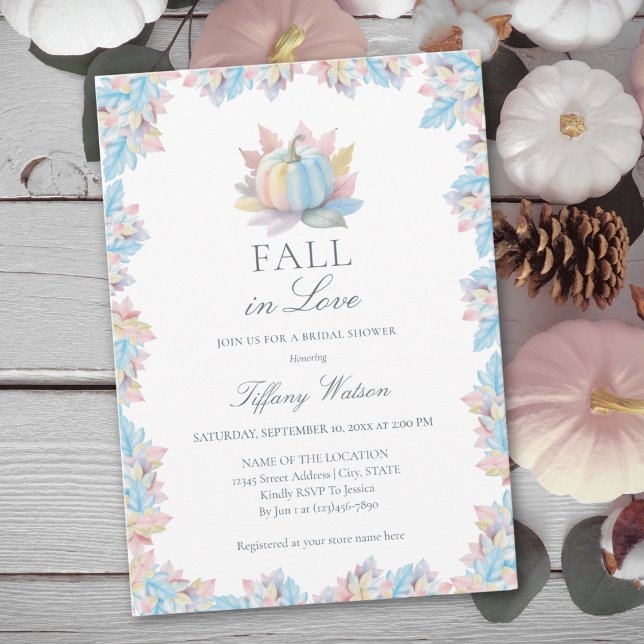 Fall in Love Pastel Blue Pumpkin Bridal Shower Invitation (Creator Uploaded)