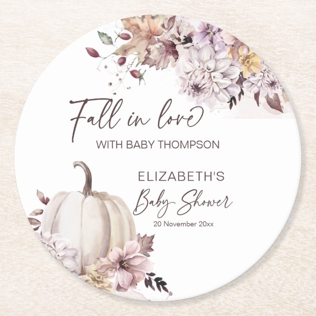 Fall in love pastel boho pumpkin baby shower favor round paper coaster (Front)