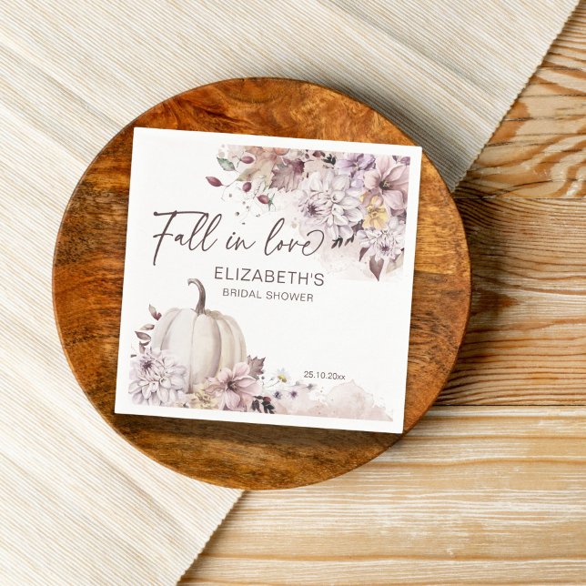 Fall in love pastel foliage pumpkin bridal shower napkins (Fall in love bridal shower personalized napkins pastel pumpkin autumn foliage napkins)