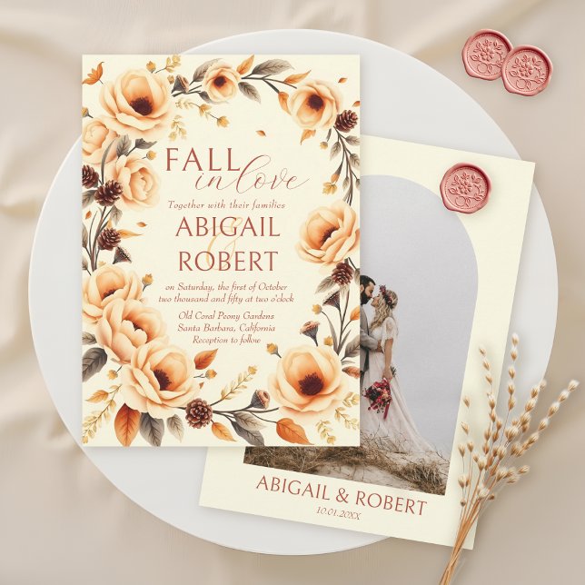 Fall in love peach floral border pine cone wedding invitation (Creator Uploaded)