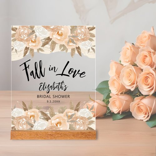 Fall in Love Peach Flowers Bridal Shower Acrylic Sign