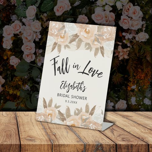 Fall in Love Peach Flowers Bridal Shower Pedestal Sign