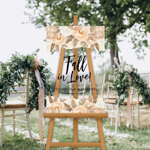 Fall in Love Peach Flowers Wedding Acrylic Sign