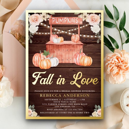 Fall in Love Peach Pumpkin Barn Wood Bridal Shower Foil Invitation