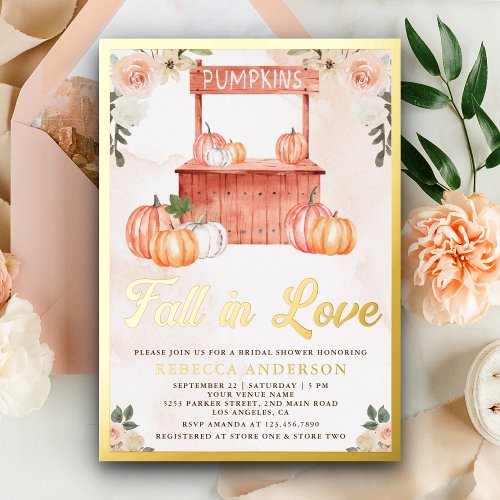 Fall in Love Peach Pumpkin Market Bridal Shower Foil Invitation