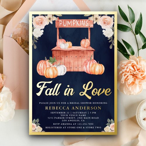 Fall in Love Peach Pumpkin Navy Blue Bridal Shower Foil Invitation