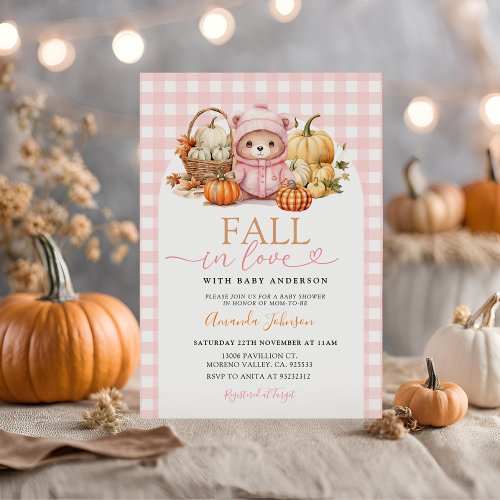 Fall in Love Pink Bear In The Basket Baby Shower  Invitation