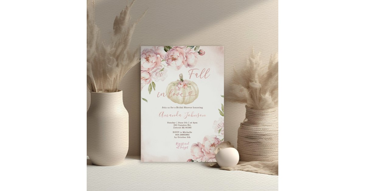 Fall in Love Pink Floral Pumpkin Bridal Shower Invitation | Zazzle