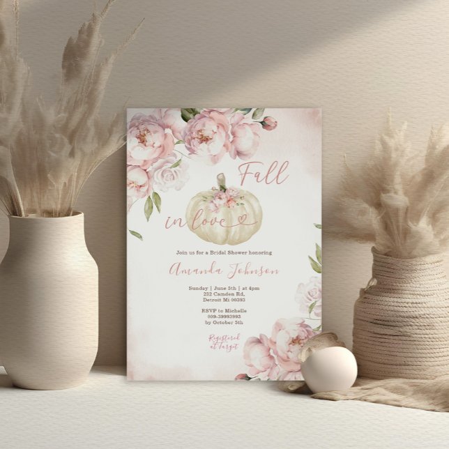 Fall in Love Pink Floral Pumpkin Bridal Shower Invitation (Creator Uploaded)