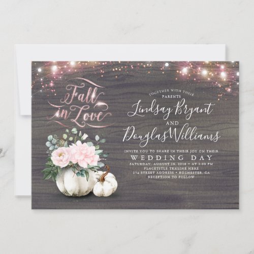 Fall in Love Pink Floral Pumpkin Rustic Wedding Invitation