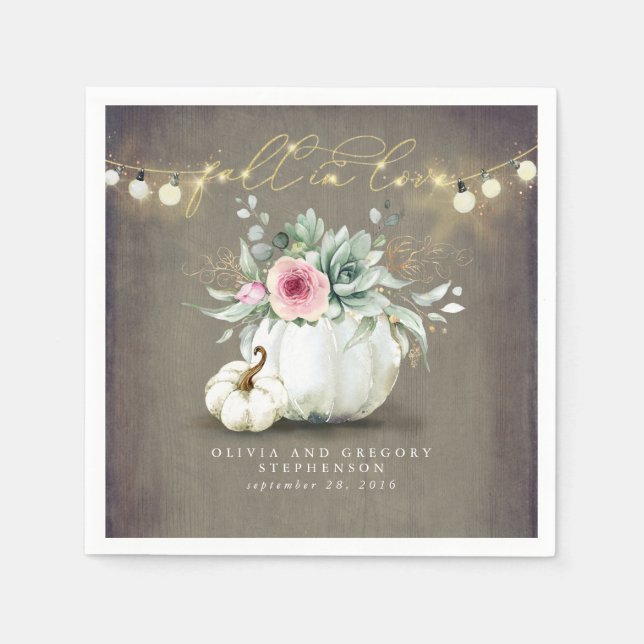 Fall in Love Pink Floral Pumpkins Elegant Rustic Napkins (Front)