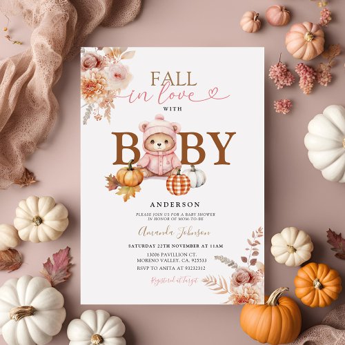 Fall in Love Pink Girl Gingham Bear Baby Shower Invitation