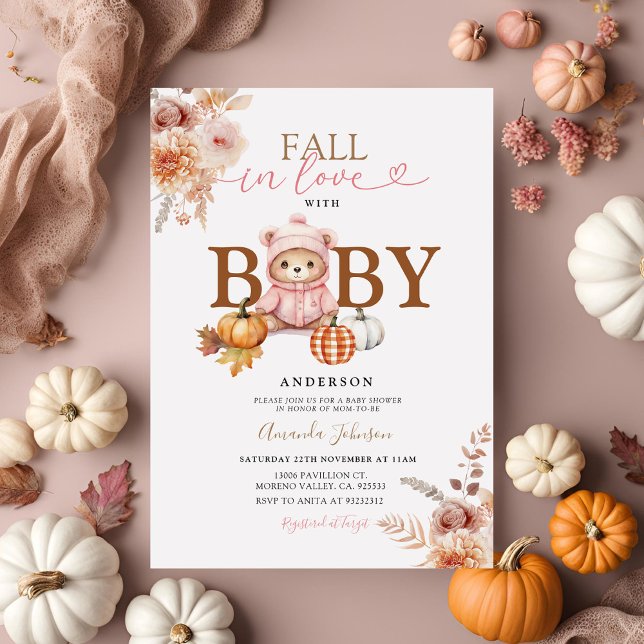 Fall in Love Pink Girl Gingham Bear Baby Shower Invitation (Creator Uploaded)
