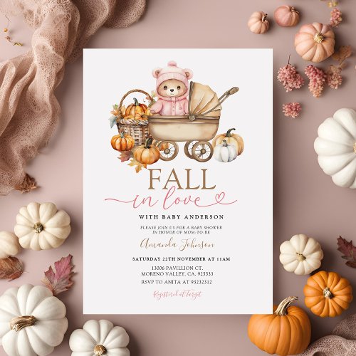 Fall in Love Pink Girl Gingham Bear Baby Shower Invitation