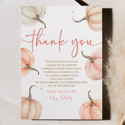 Fall In Love Pink Orange Pumpkin Bridal Shower Thank You Card