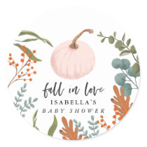 Fall in Love Pink Pumpkin Autumn Baby Shower Classic Round Sticker