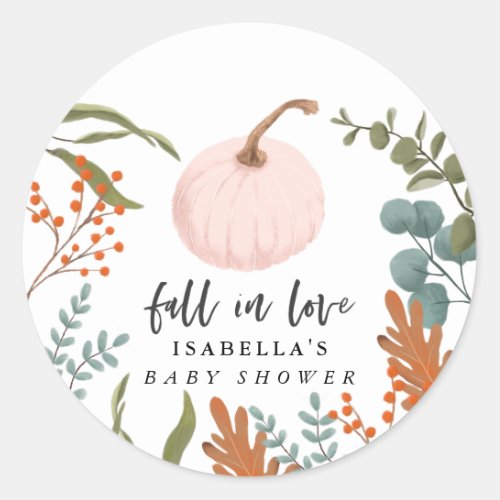 Fall in Love Pink Pumpkin Autumn Baby Shower Classic Round Sticker