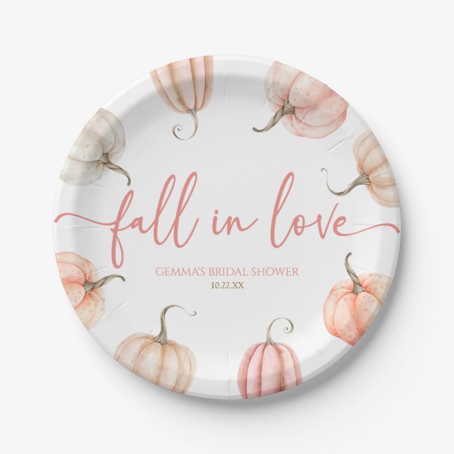 Fall In Love Pink Pumpkin Bridal Shower Paper Plates (Front)