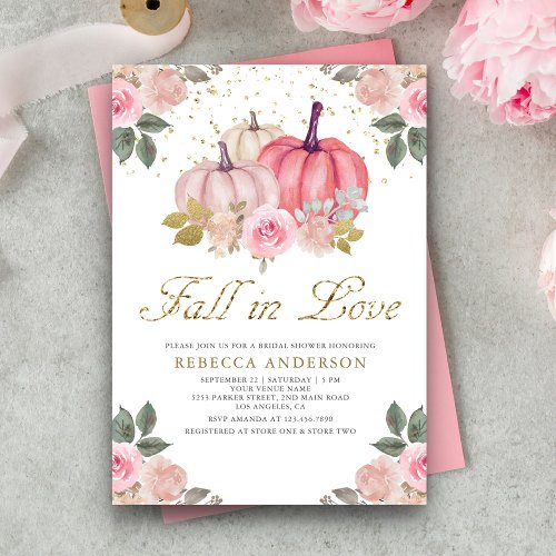 Fall in Love Pink Pumpkin Floral Bridal Shower Invitation