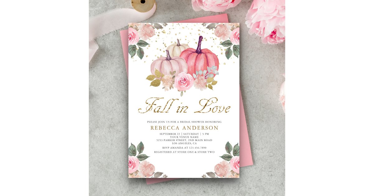 Fall in Love Pink Pumpkin Floral Bridal Shower Invitation | Zazzle