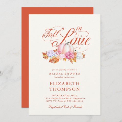 Fall in Love Pink Pumpkin Hydrangeas Bridal Shower Invitation