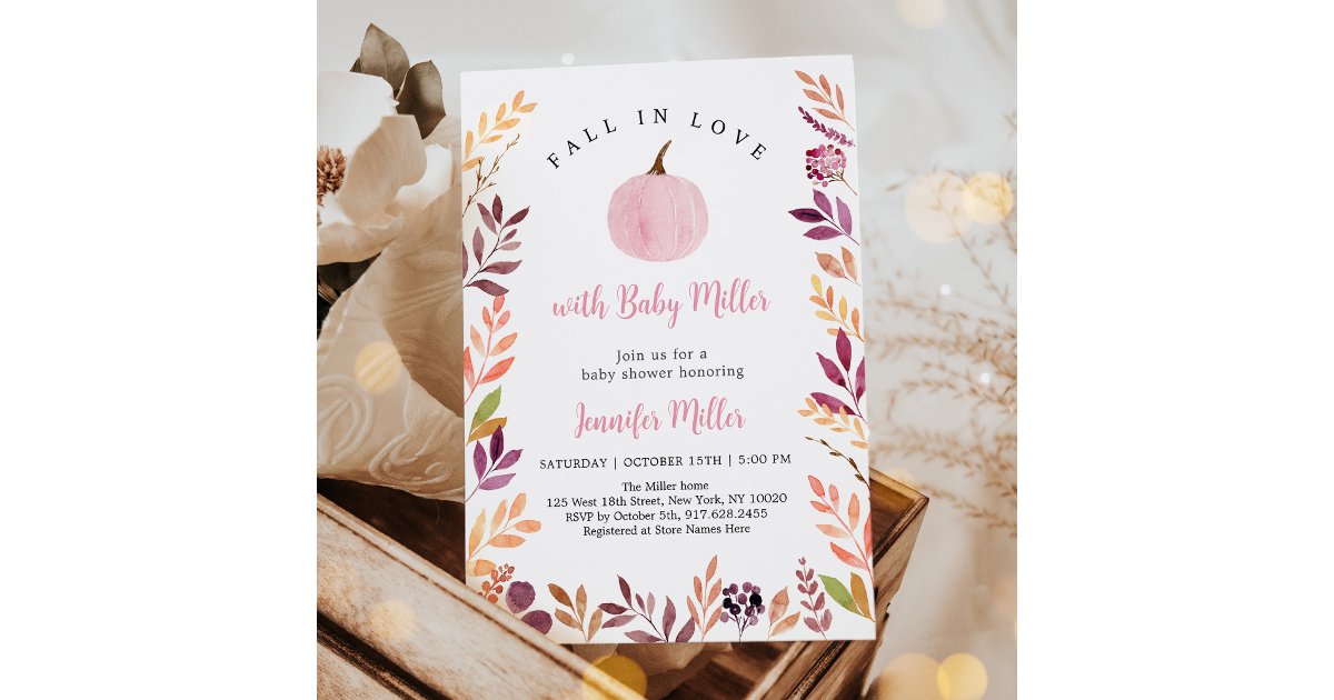 Fall In Love Pink Pumpkin Leaf Baby Shower Invitation | Zazzle