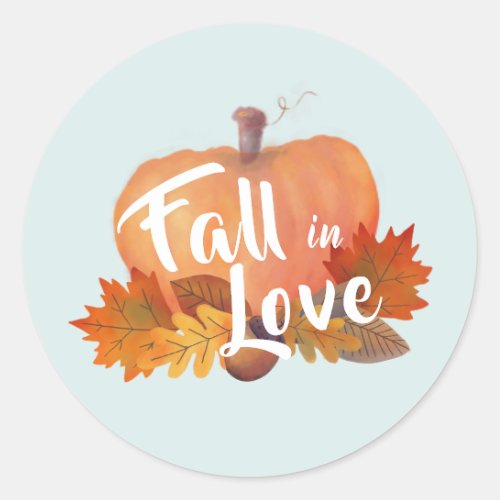 Fall in Love Pumpkin Autumn Leaves Blue Classic Round Sticker