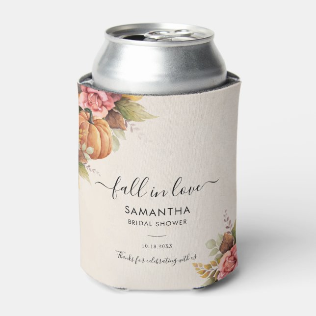 Fall in Love Pumpkin Autumn Leaves Bridal Shower Can Cooler (Can Front)