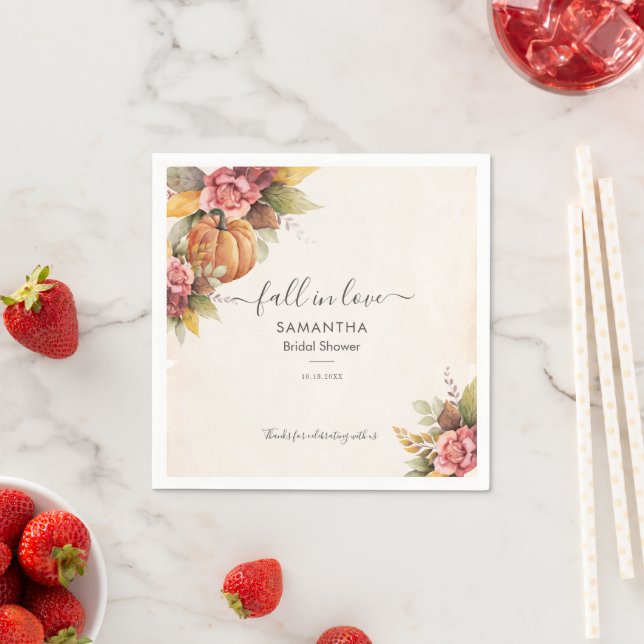 Fall in Love Pumpkin Autumn Leaves Bridal Shower Napkins (Insitu)