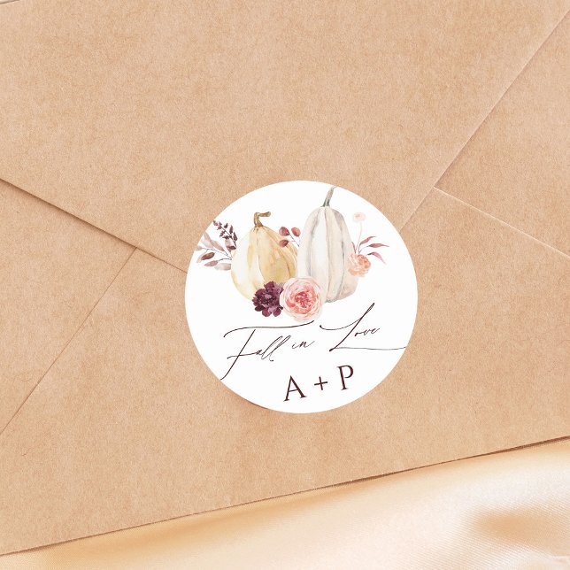 Fall in Love Pumpkin Autumn Wedding Classic Round Sticker (Creator Uploaded)