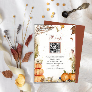 Fall In Love Pumpkin Autumn Wedding QR Code RSVP Enclosure Card