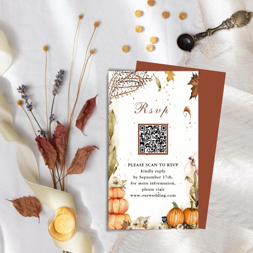 Fall In Love Pumpkin Autumn Wedding QR Code RSVP Enclosure Card
