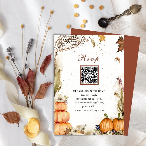 Fall In Love Pumpkin Autumn Wedding QR Code RSVP Enclosure Card