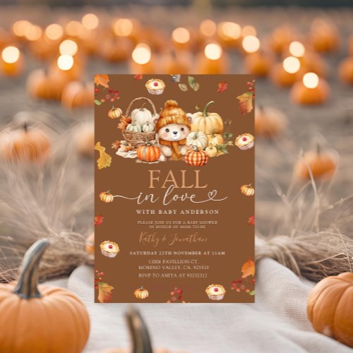 Fall in Love Pumpkin Basket Bear Fall Baby Shower Invitation