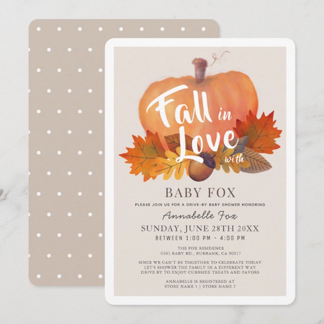 Fall in Love Pumpkin Beige Drive-by Baby Shower Invitation (Front/Back)