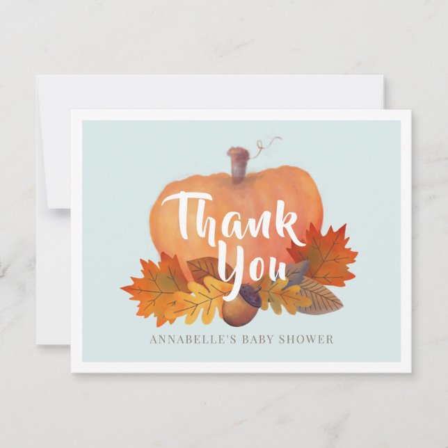 Fall in Love Pumpkin Blue Baby Shower Thank You Note Card (Front)