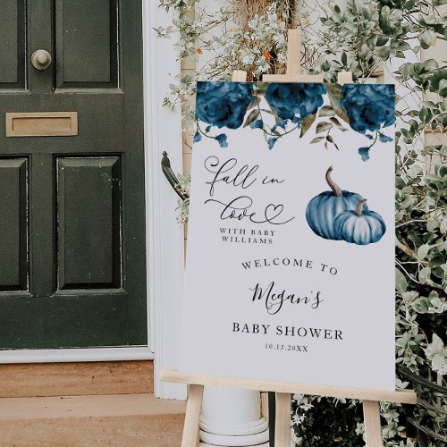 Fall in Love Pumpkin Blue Floral Welcome Sign