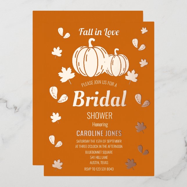 Fall in Love Pumpkin Boho Gold Foil Bridal Shower Invitation (Front/Back)