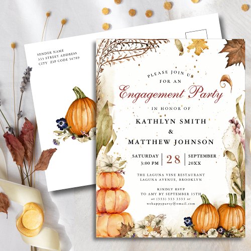 Fall In Love Pumpkin Botanical Autumn Engagement Invitation Postcard