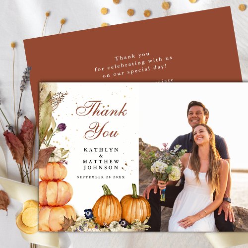 Fall In Love Pumpkin Botanical Autumn Photo  Thank You Card