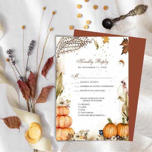 Fall In Love Pumpkin Botanical Autumn Wedding RSVP Enclosure Card